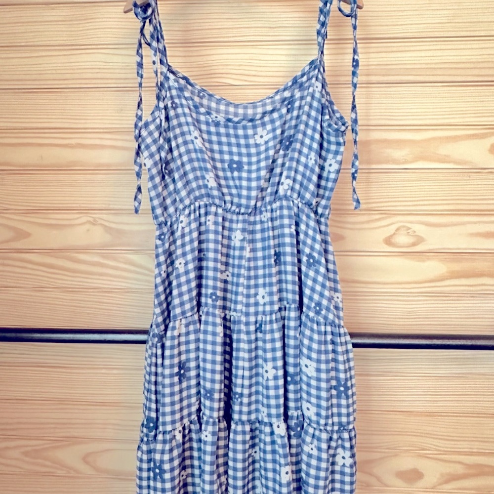 Altar'd State Alaina Mini Ruffle Dress Blue & White Gingham Daisy Flowers Sz XS - Picture 5 of 9